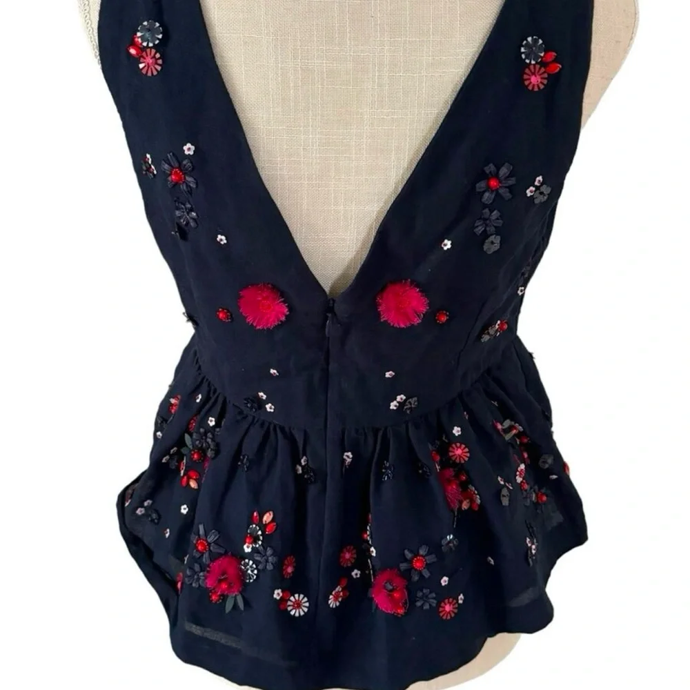 NWT J. Crew Navy Blue Hand Embellished Linen/ Cotton Peplum Tank Size 4 - Picture 12 of 13